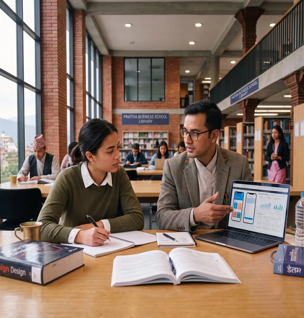 Student and instructor reviewing a mobile app design on a laptop